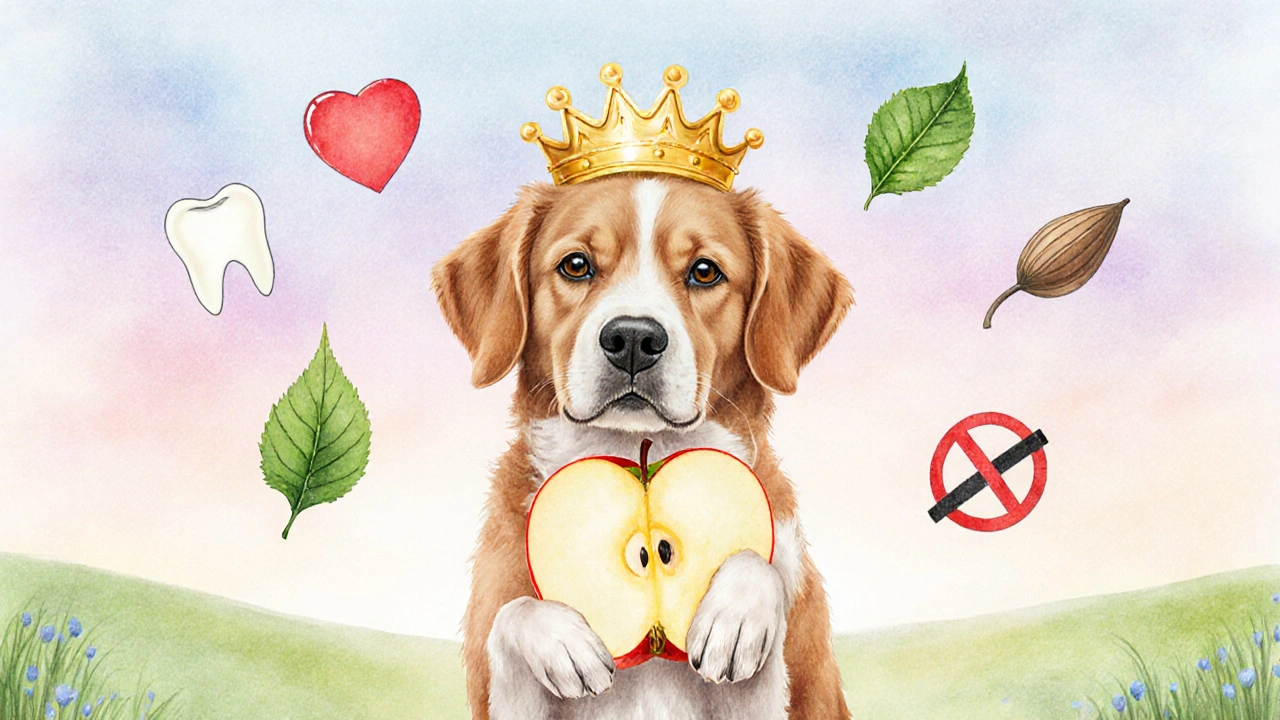 Собака с яблоком в лапах, вокруг — символы здоровья и безопасности.