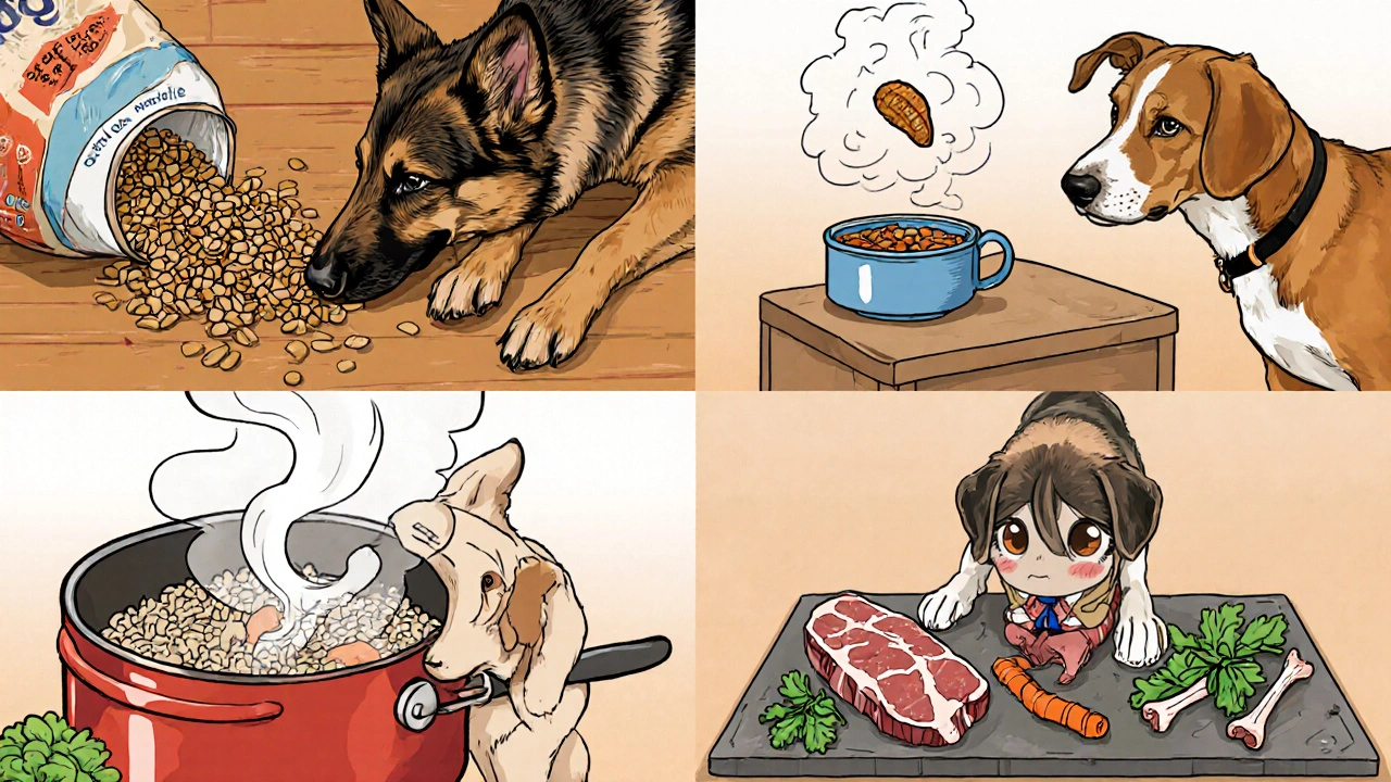 Коллаж из четырёх частей: сухой корм, влажный корм, домашняя еда и сырая диета, с различными породами собак.