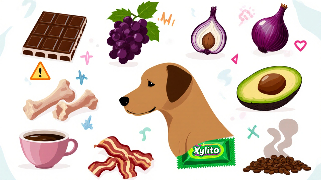 Коллаж опасных продуктов: шоколад, виноград, лук, авокадо, кости, бекон, ксилит, кофе.