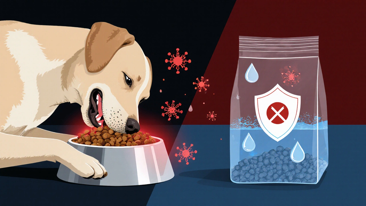 Концептуальное изображение: защищённый корм в контейнере против опасностей в виде плесени и окисления в открытом мешке.