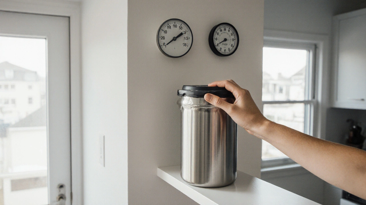 Металлический контейнер для корма на полке в сухом помещении, рядом термометр и гигрометр показывают оптимальные условия.