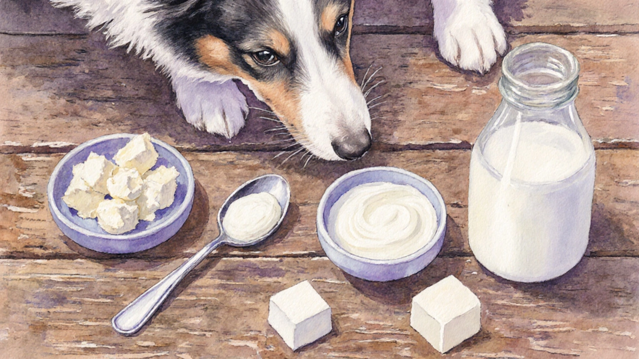 На столе маленькие порции творога, кефира, йогурта и сыра, рядом нюхает собака.