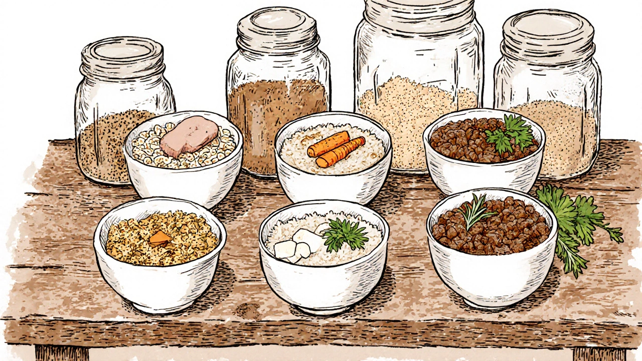 Пять мисок с разными видами каши для собак, каждая с мясом и овощами, на деревянном столе.