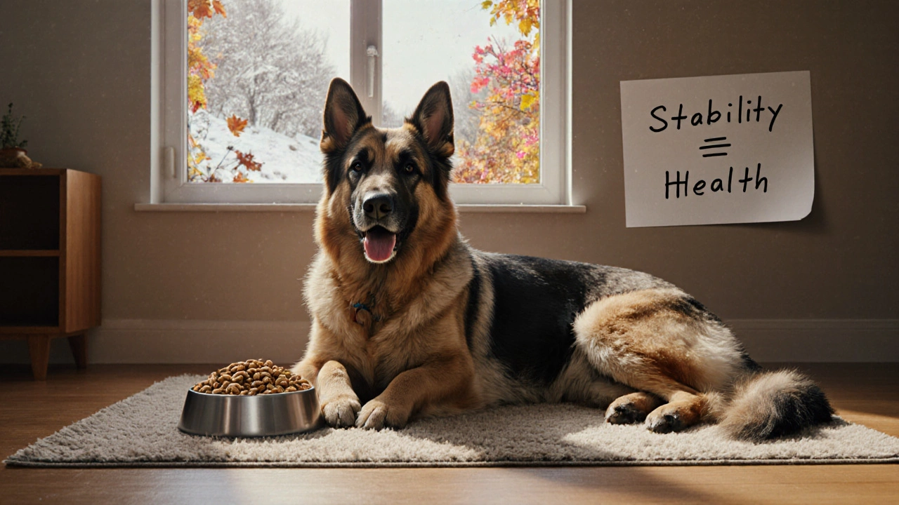 Пожилая собака спокойно лежит рядом с одной и той же миской корма через сезоны.