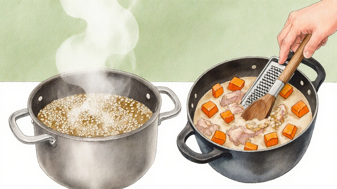 Приготовление каши: варка круп, обжарка курицы и смешивание с овощами.