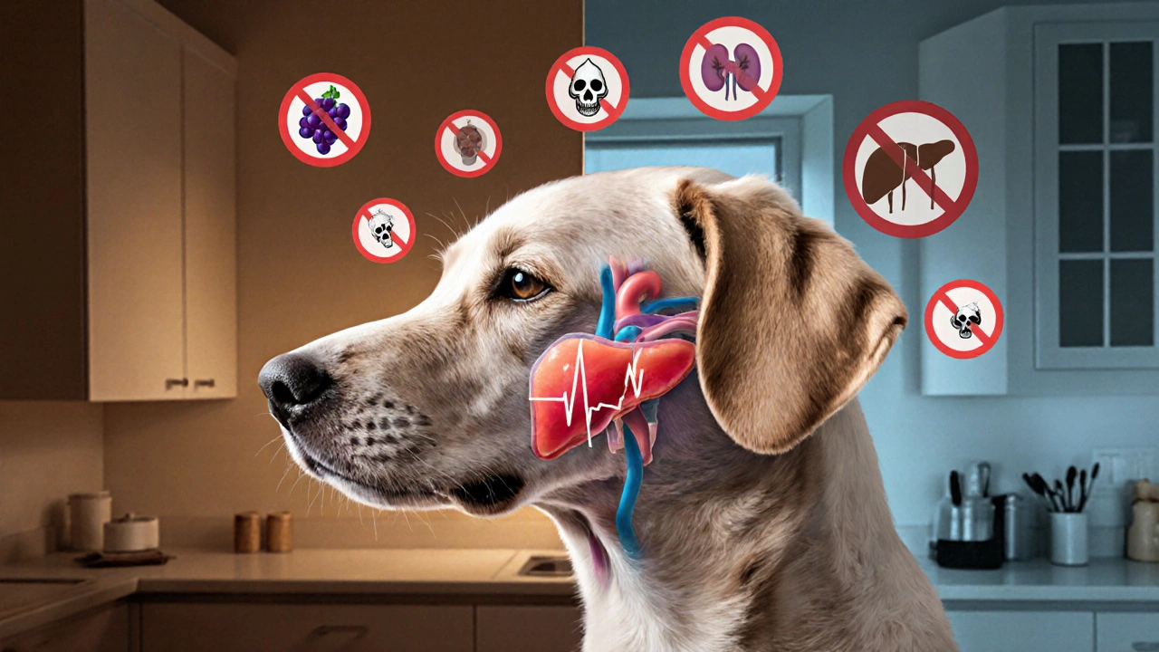 Прозрачный разрез головы собаки, показывающий поврежденные органы и символы токсичных продуктов.