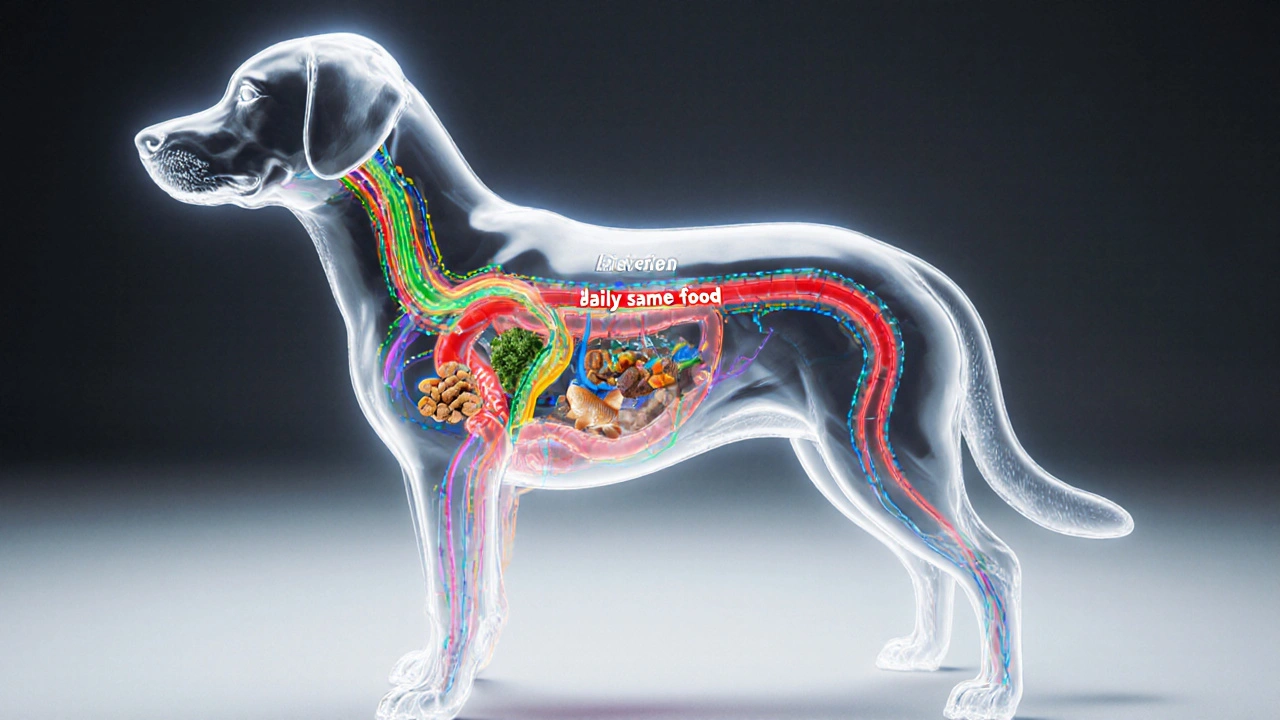 Прозрачный силуэт собаки с визуализацией разнообразных питательных веществ в пищеварительной системе.