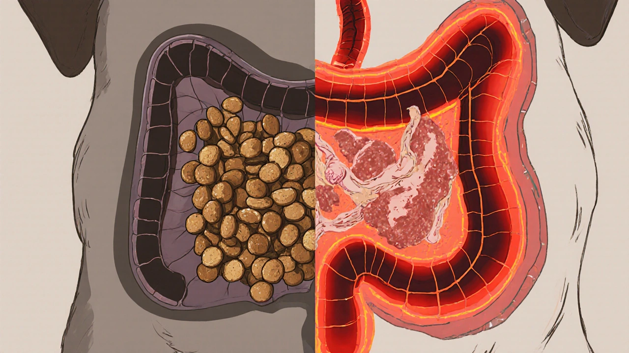 Схема пищеварительной системы собаки с нарушением баланса при смешивании корма и мяса.