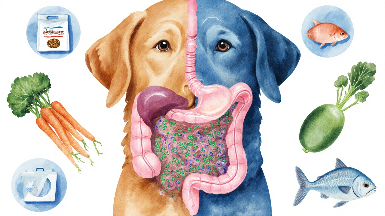 Схема внутреннего состояния собаки: здоровый и истощённый микробиом кишечника.