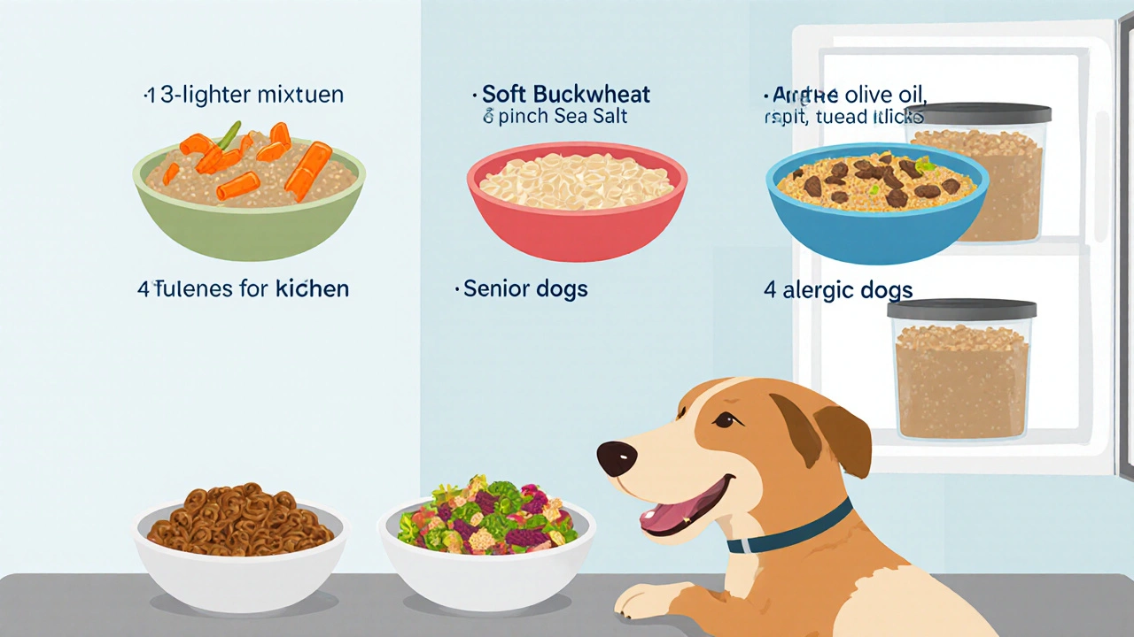 Собака ест готовую кашу из миски, рядом видны варианты для щенков, пожилых и с аллергией.