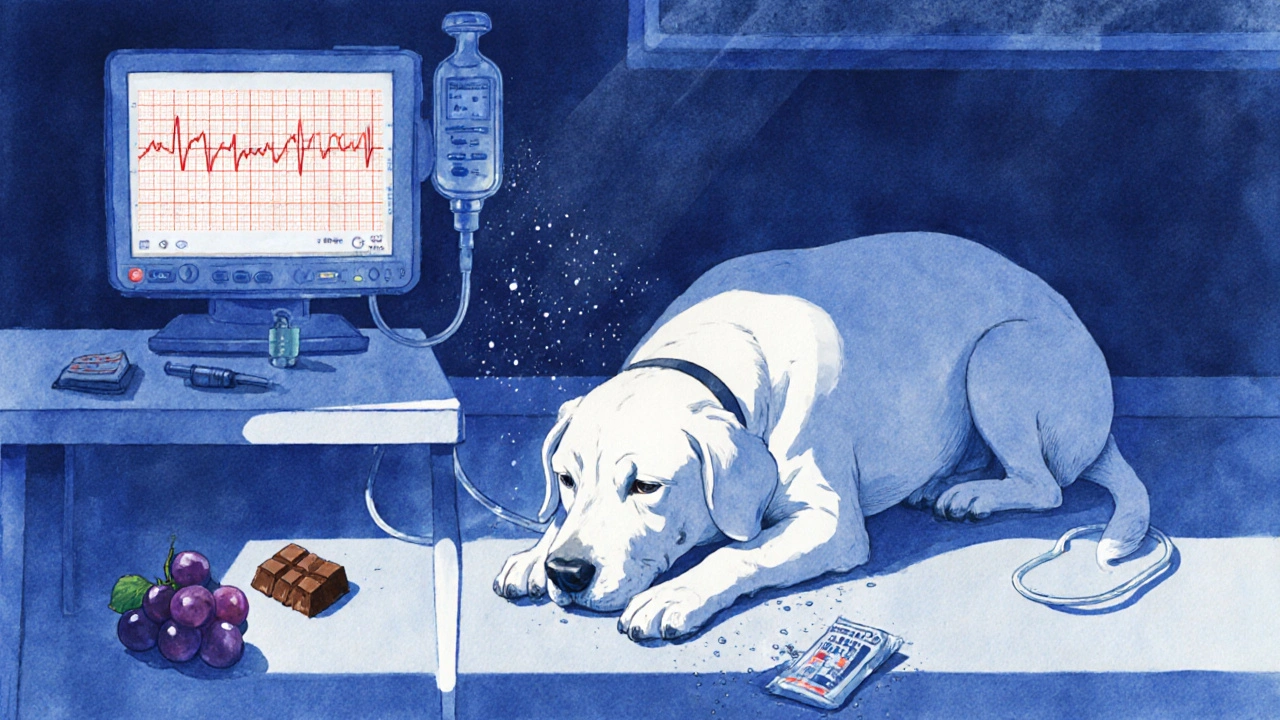 Собака лежит в ветеринарной клинике рядом с медицинским оборудованием и запрещенными продуктами.