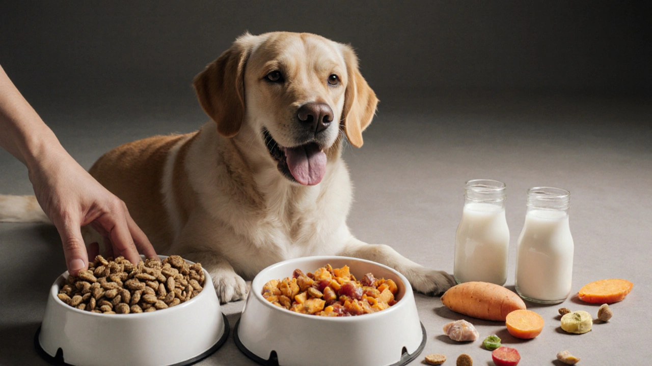 Собака рядом с тремя мисками: одна полна кормом, другие пусты, но вокруг — свежие продукты.