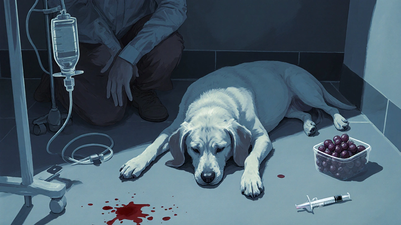 Собака слабо лежит на полу ветклиники, рядом — медицинские приборы и виноград.