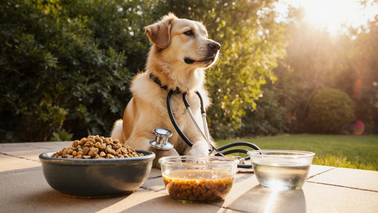 Собака в саду рядом с тремя мисками: сухой корм, влажный корм и вода, рядом стетоскоп.