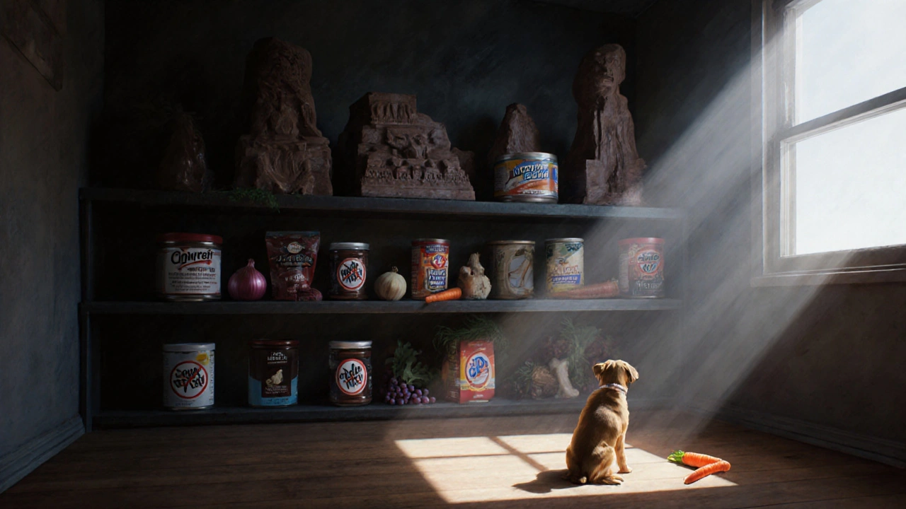 Собака видит запрещенные продукты как угрожающие объекты на полке.