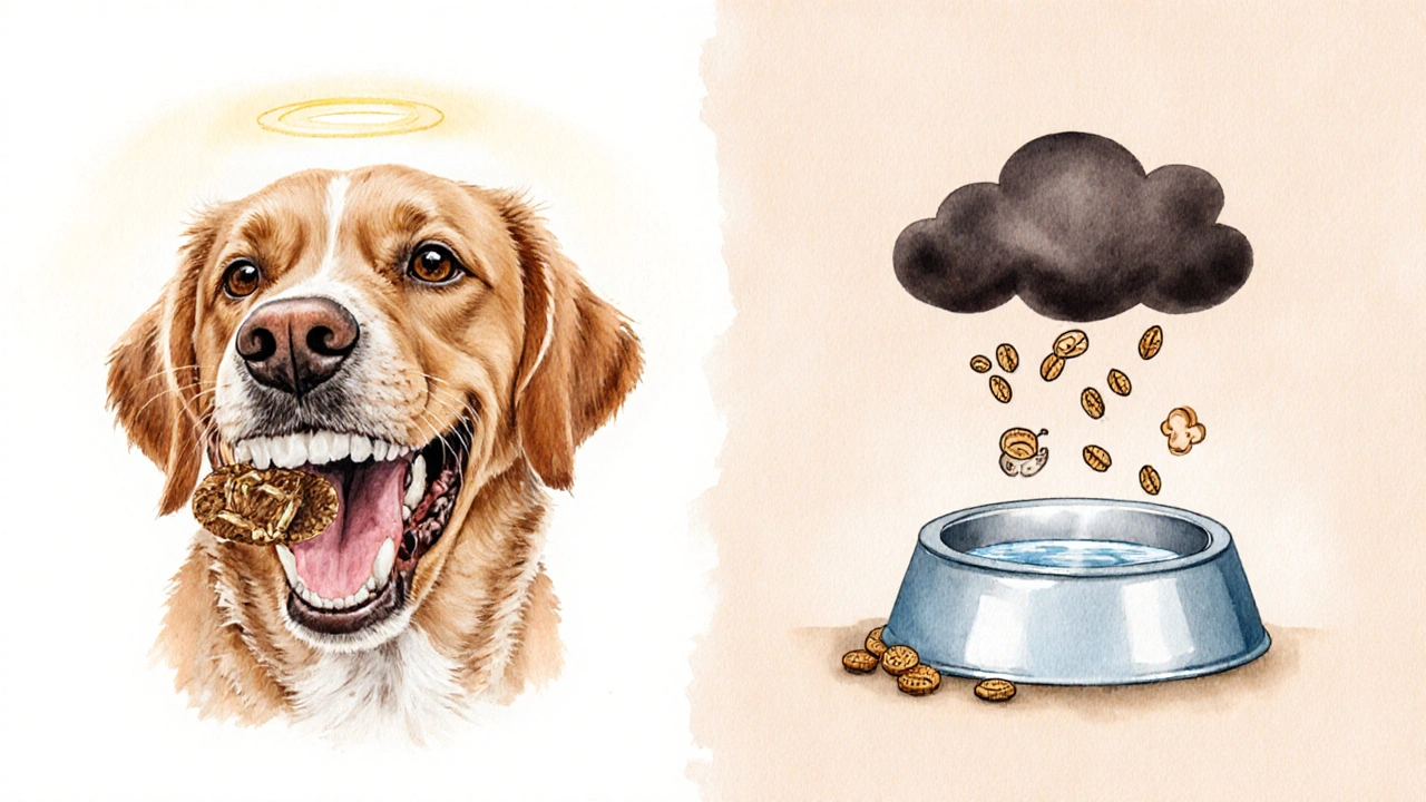 Собака жует сухой корм, рядом — облако зерен и низко стоящая вода, показывая плюсы и минусы.