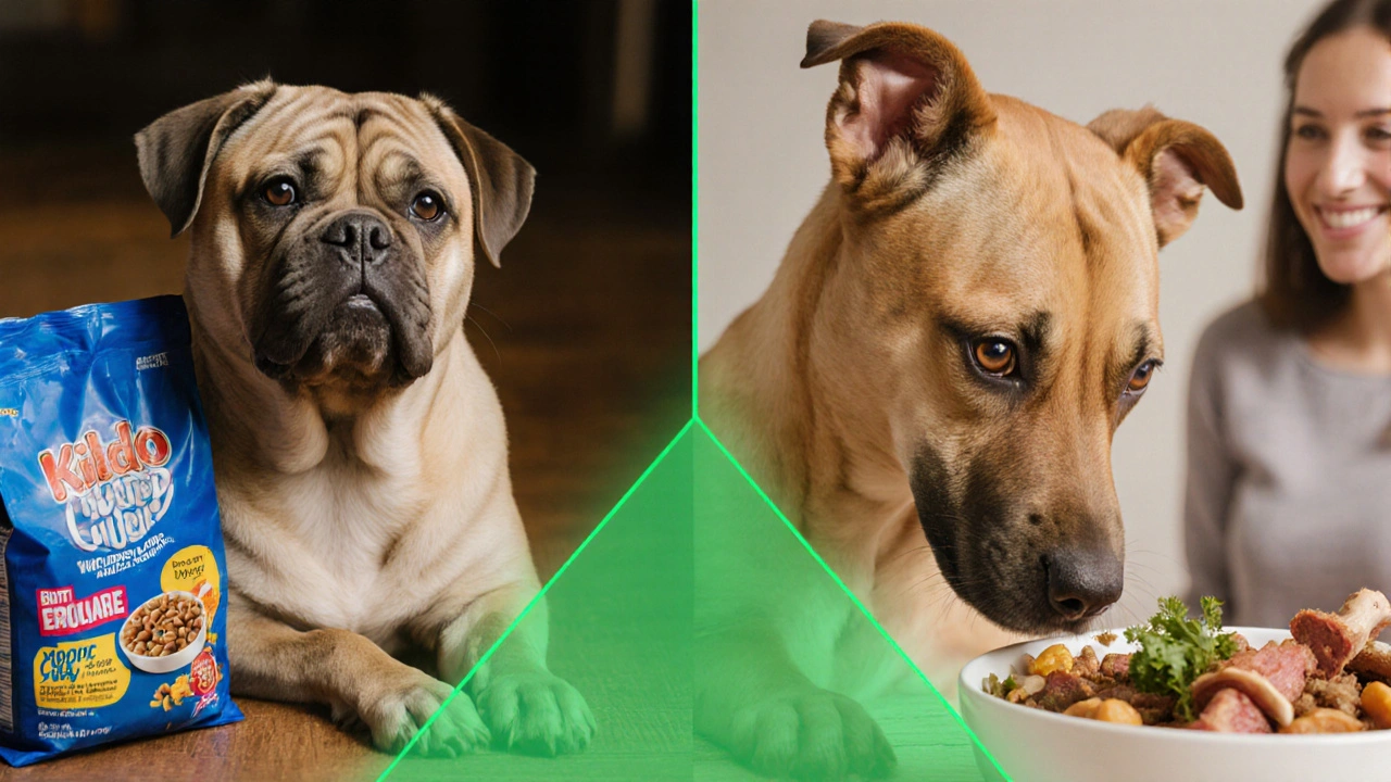 Сравнение собаки до и после перехода на натуральное питание: слева — тусклая и толстая, справа — здоровая и энергичная.