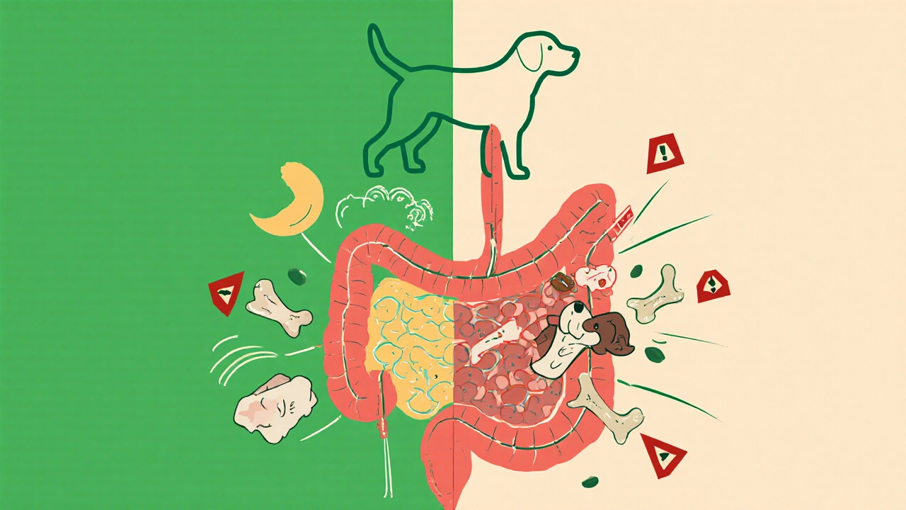 Сравнение стабильного и хаотичного рациона в виде схемы пищеварительной системы собаки.