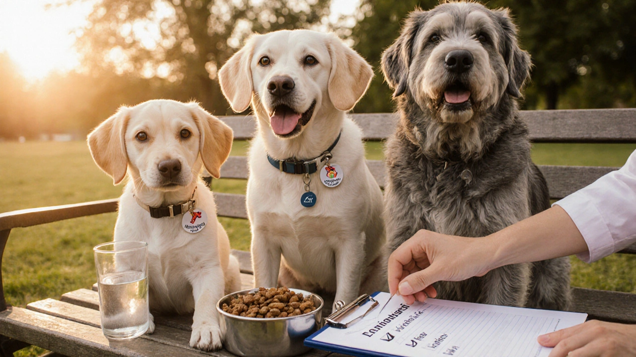 Три собаки разных возрастов на скамейке в парке при закате, возле миски и медицинского чек‑листа.