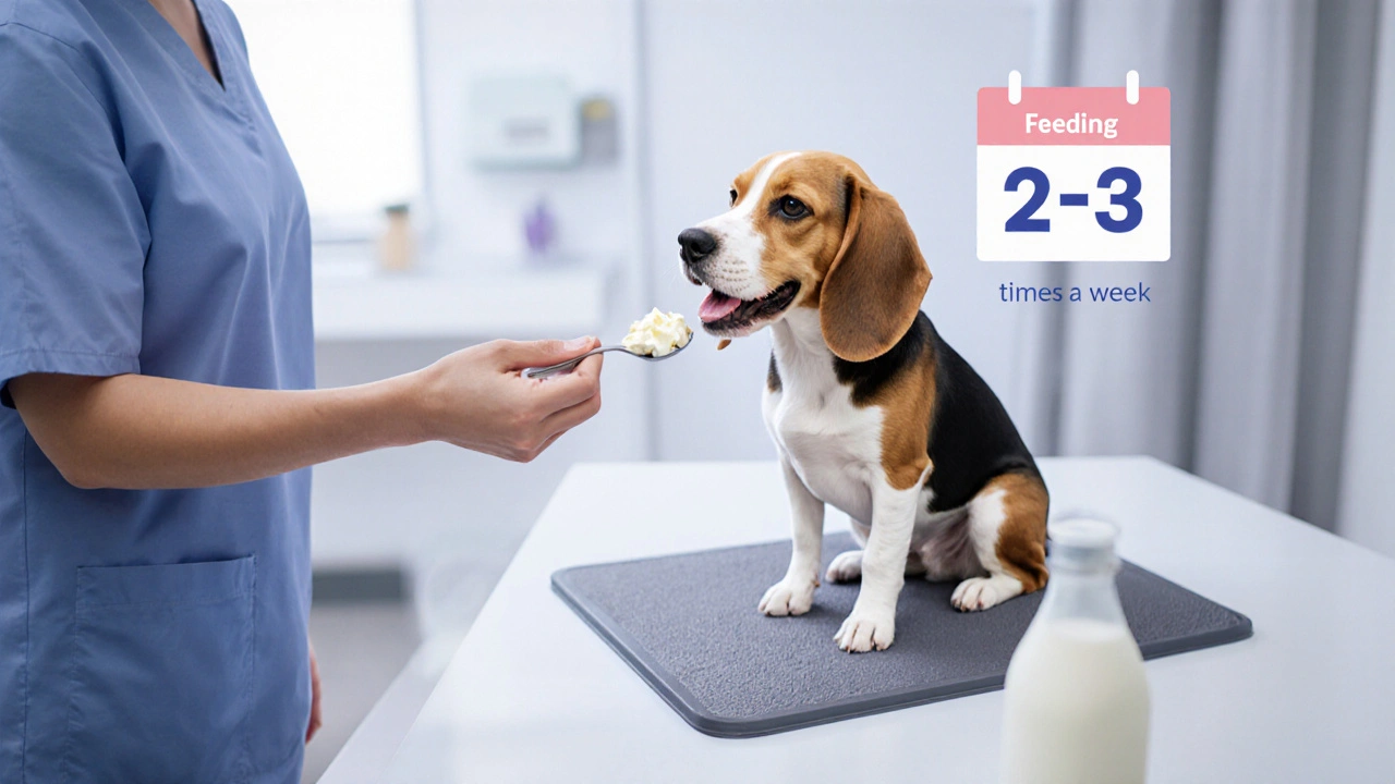 Ветеринар даёт собаке маленькую ложку творога, демонстрируя правильное кормление.