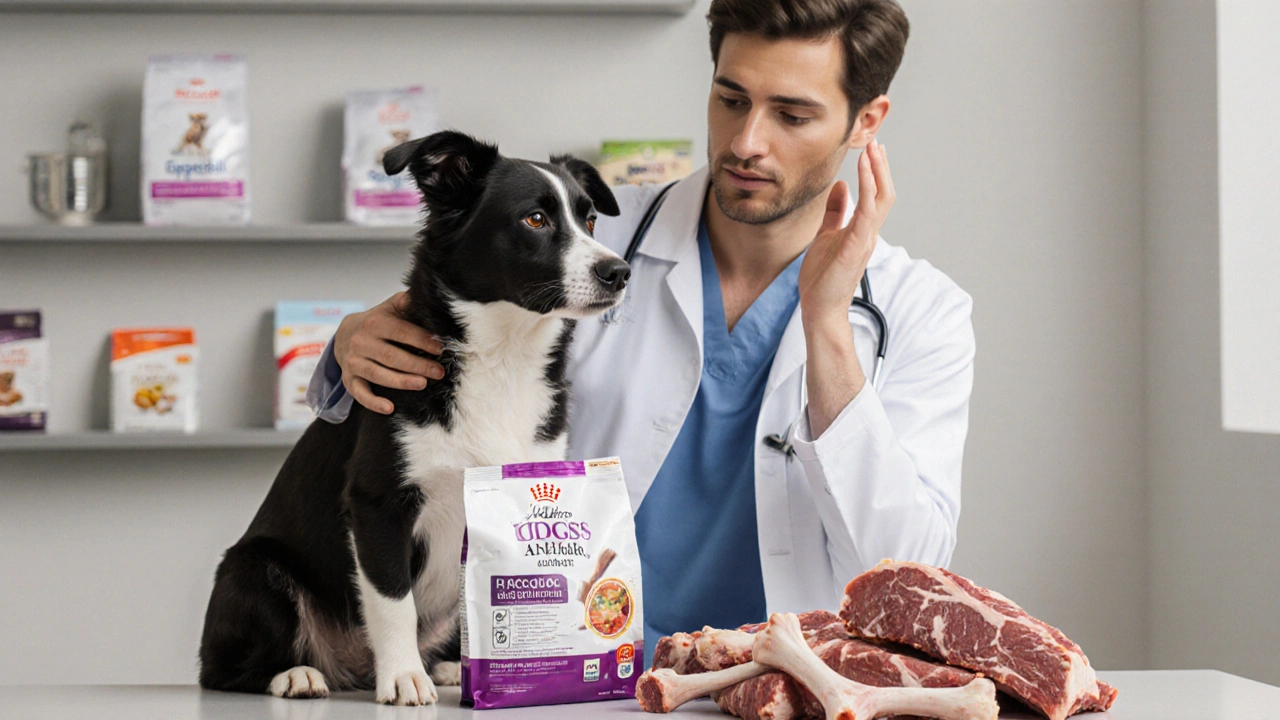 Владелец собаки и ветеринар рядом с сухим кормом и сырым мясом, выражение тревоги.