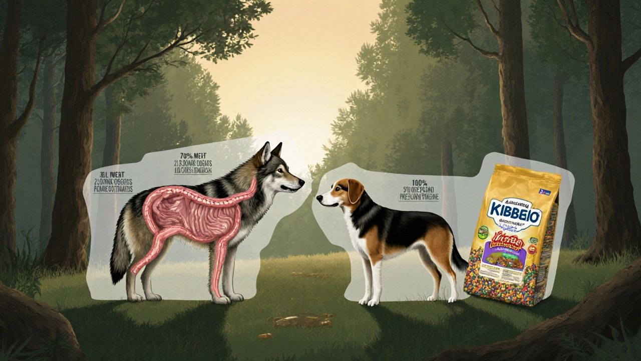 Волк и домашняя собака стоят рядом, их пищеварительные системы показаны как прозрачные схемы с правильным составом рациона.
