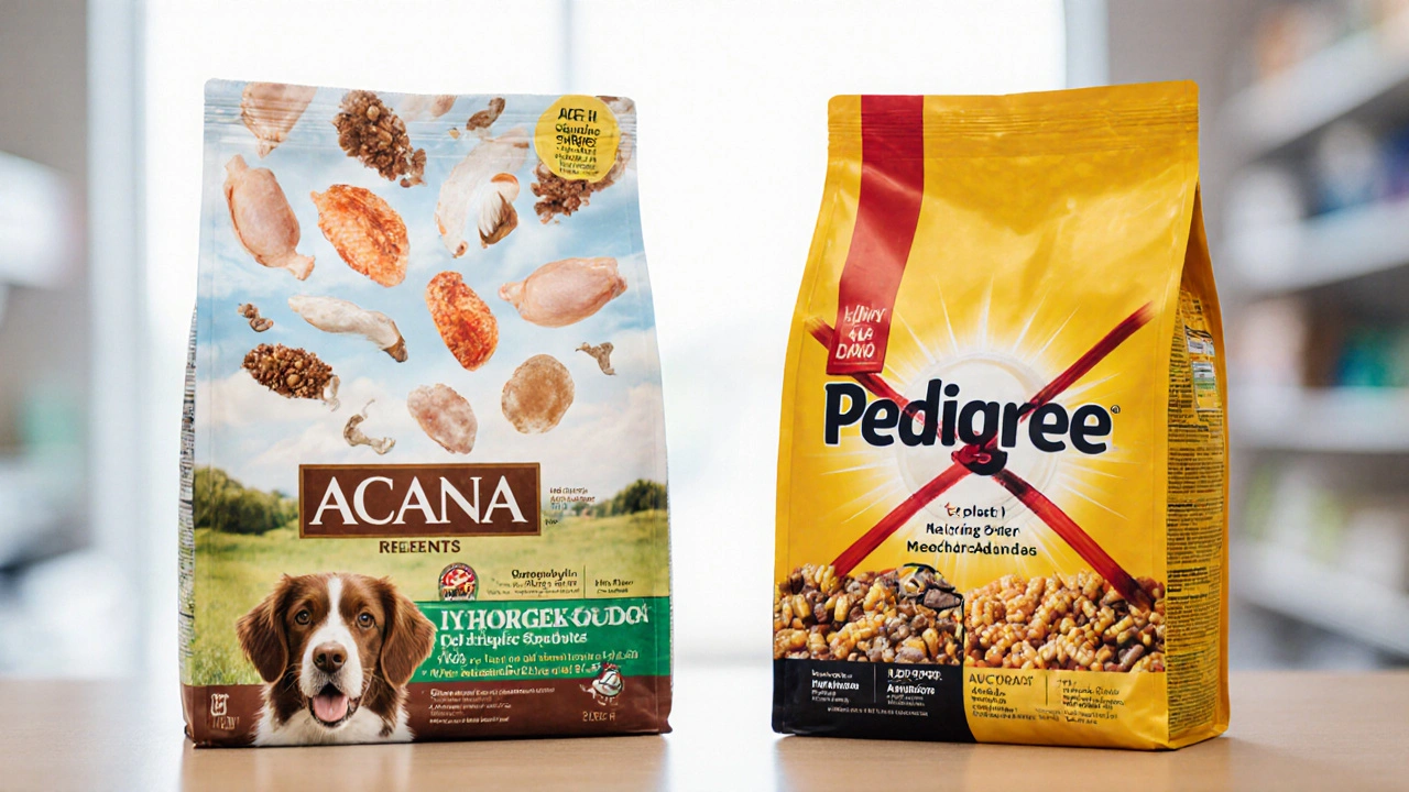 Два пакета корма: один с натуральными ингредиентами, другой с кукурузой и химией, рядом ветеринарная полка.