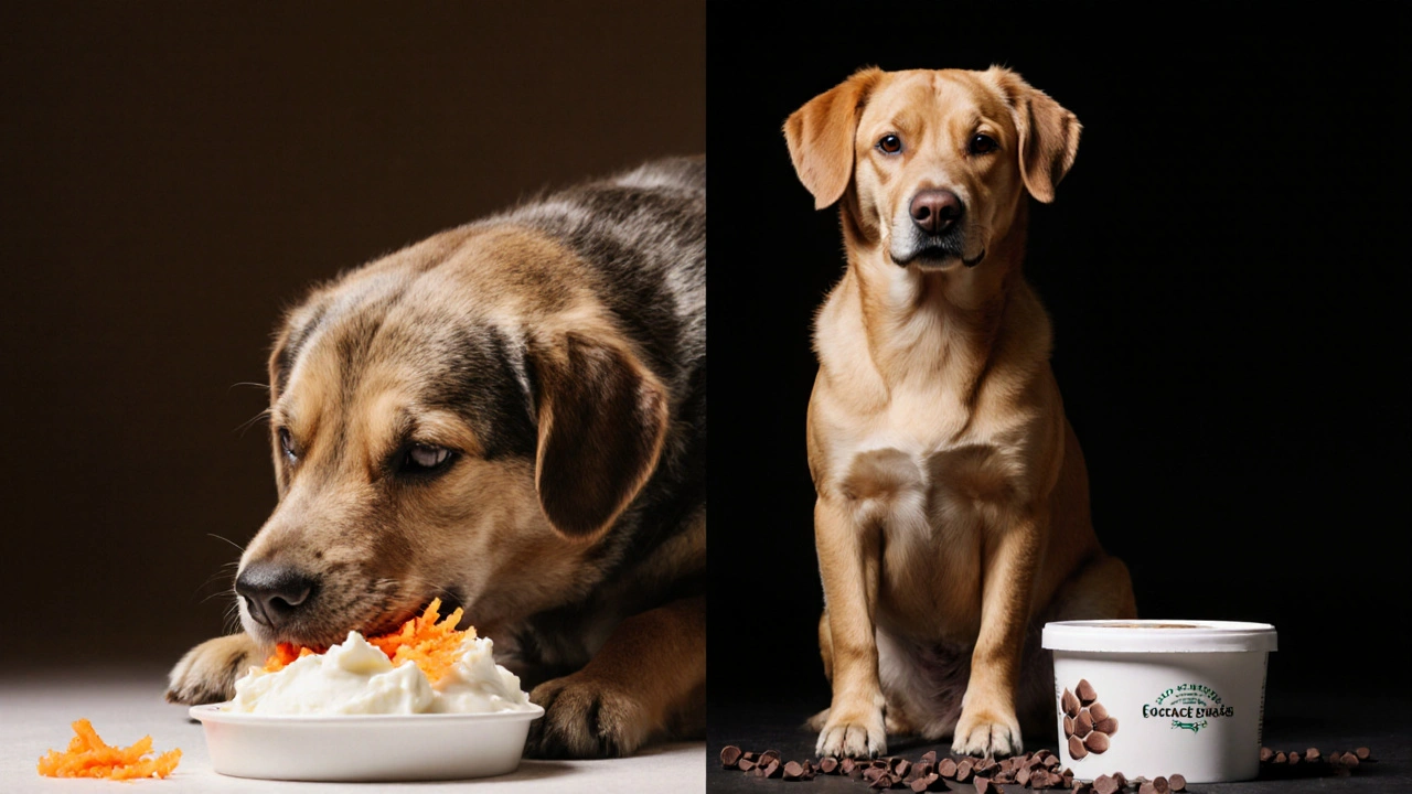 Два состояния собаки: здоровая с творогом и морковкой, больная с сладким творогом.