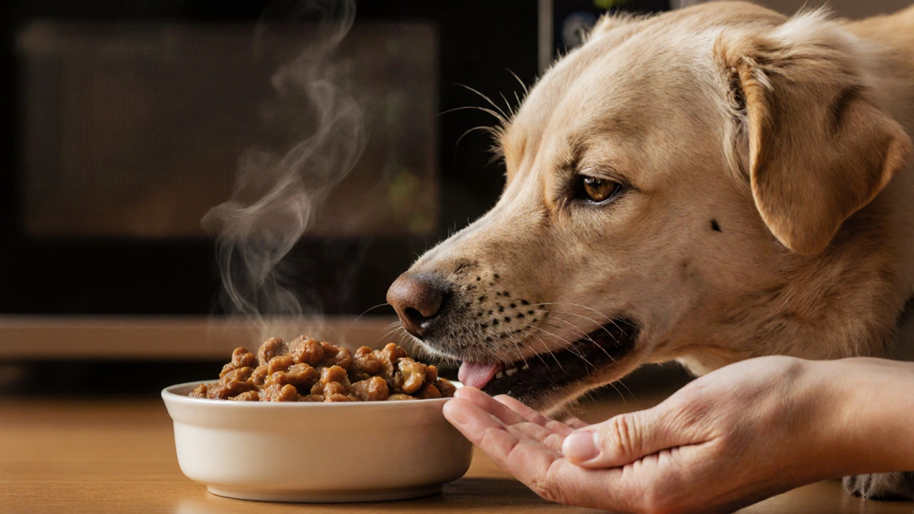 Пожилая собака ест слегка подогретый корм, хозяин проверяет температуру ладонью.