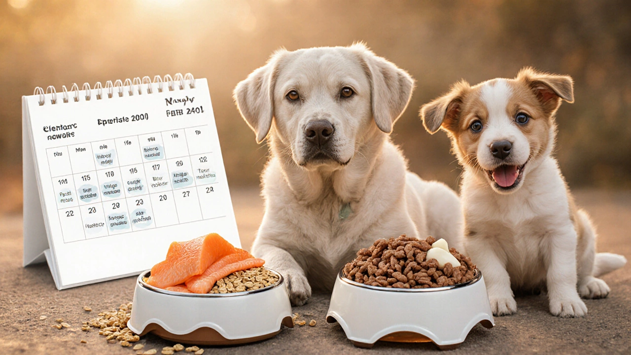 Пожилая собака и щенок едят из разных мисок с подходящей для их возраста натуральной едой.