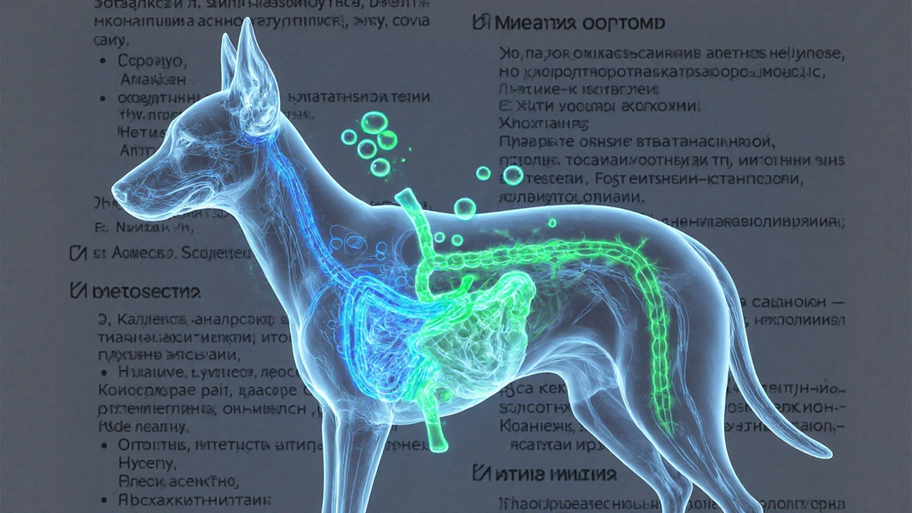 Прозрачная анатомия собаки с двумя конфликтующими путями пищеварения.