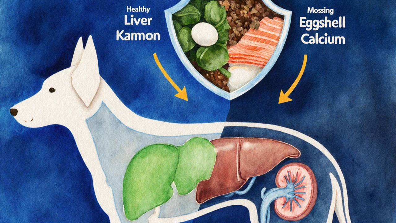 Прозрачное изображение внутренностей собаки: здоровые органы слева, токсины справа, над ними — сбалансированная еда.
