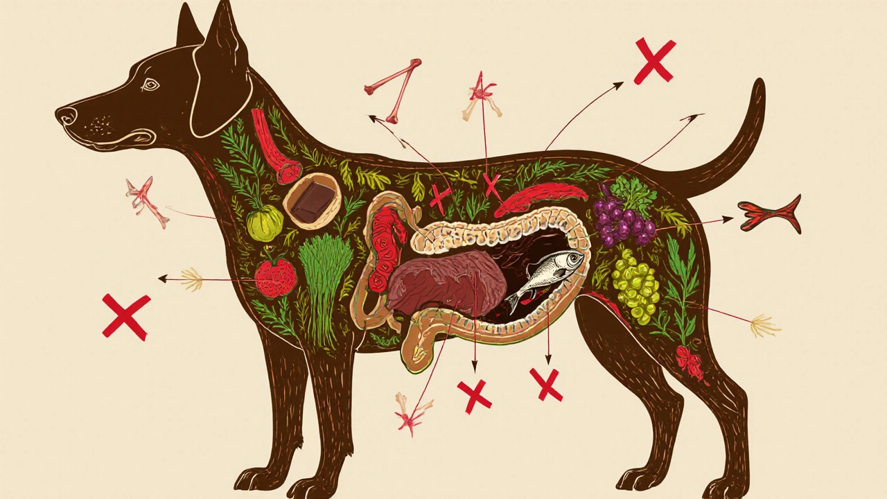 Схема пищеварительной системы собаки с полезными продуктами и запрещёнными предметами, нарисованная в стиле научной иллюстрации.