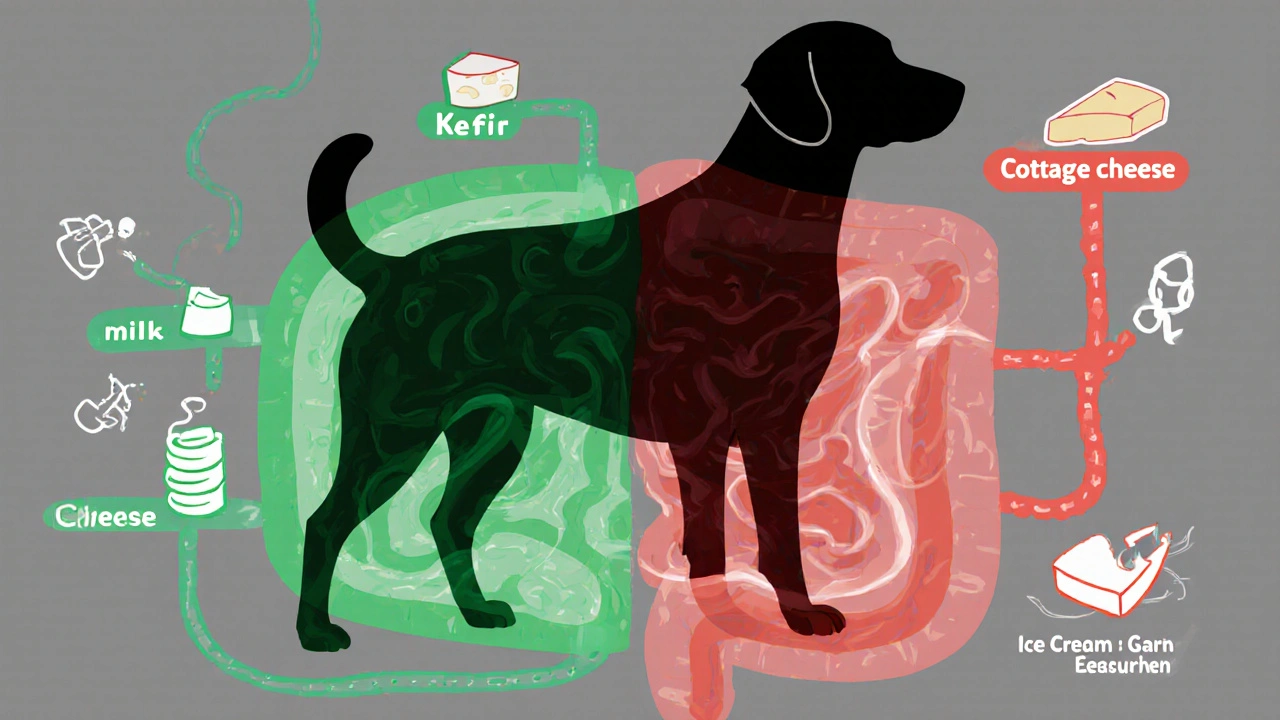 Схема пищеварительной системы собаки с путями безопасных и опасных молочных продуктов.
