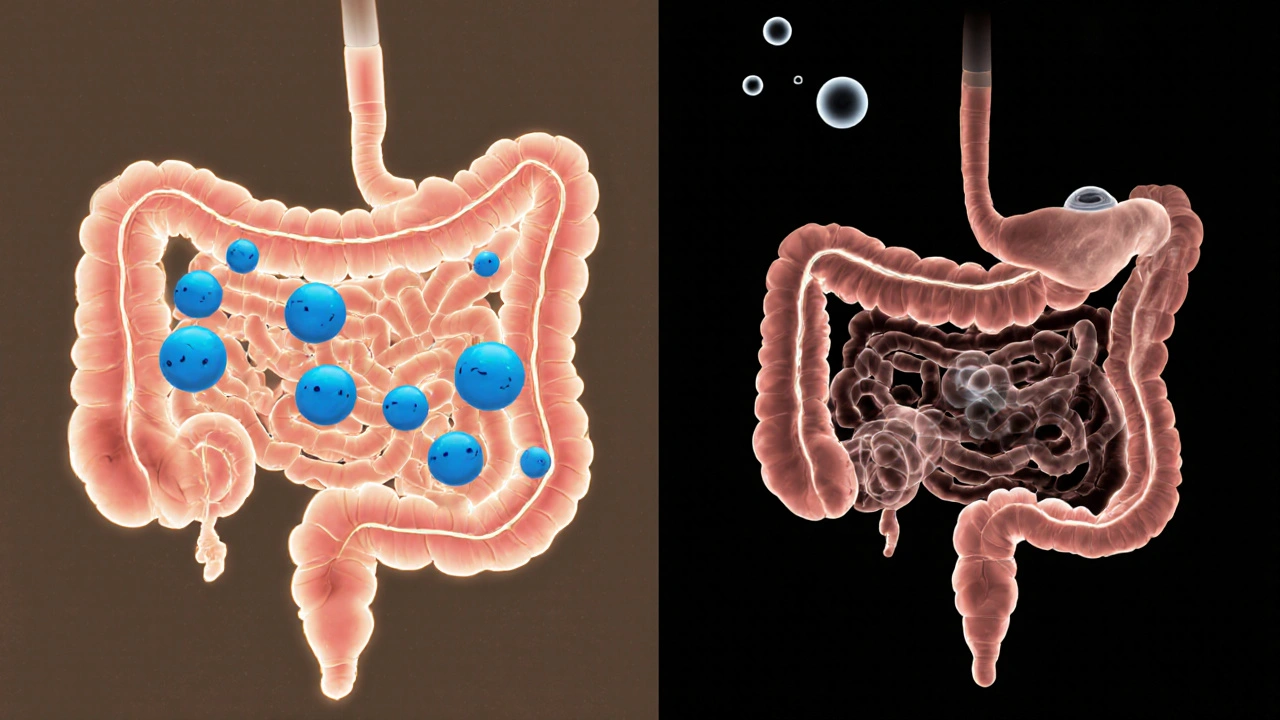 Схематичное изображение кишечника собаки с полезными бактериями после употребления кефира.