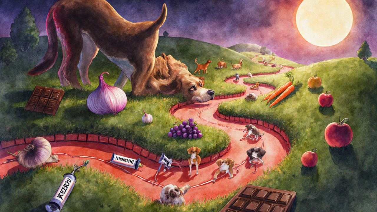 Схематичное изображение пищеварительного тракта собаки с опасными продуктами и безопасной альтернативой.