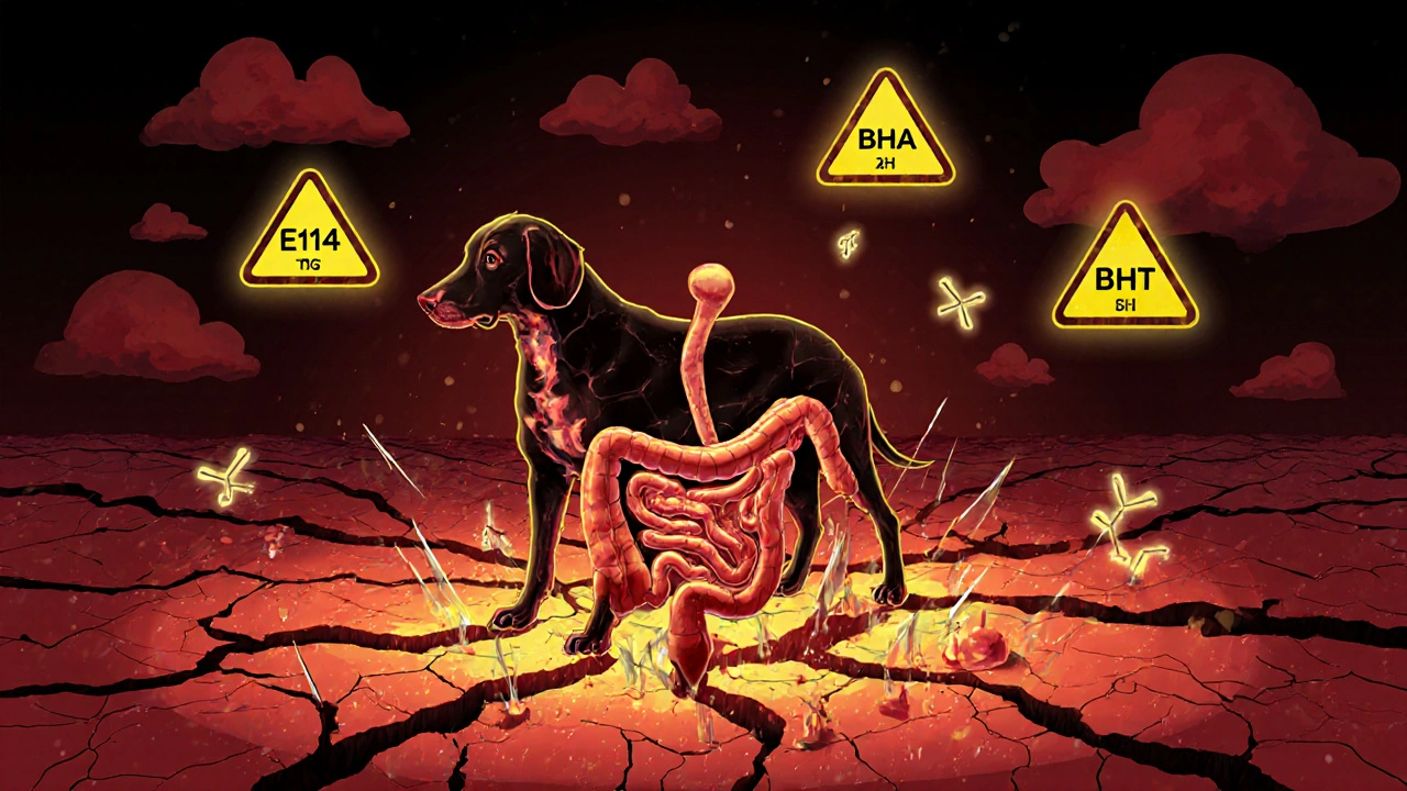 Схематичное изображение внутренних органов собаки с острыми костями и химическими символами, вызывающими повреждения.