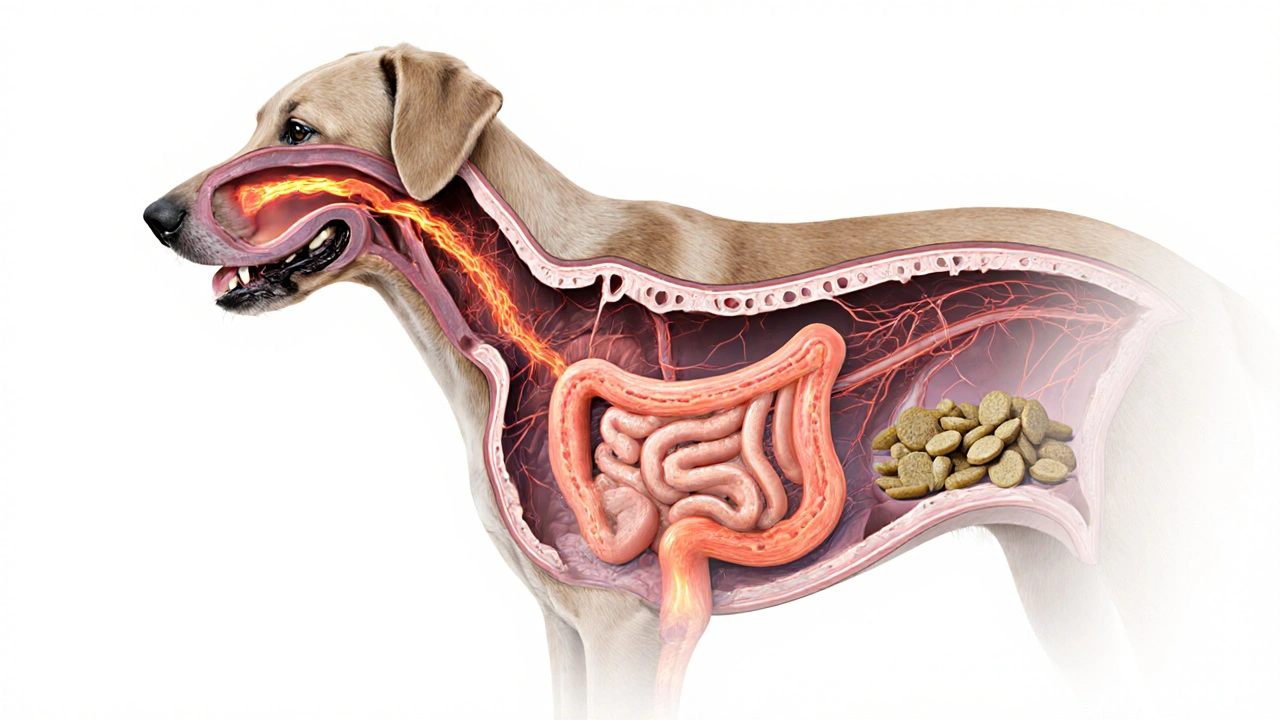 Схематичное изображение желудка собаки: холодный корм сужает сосуды, тёплый — стимулирует пищеварение.
