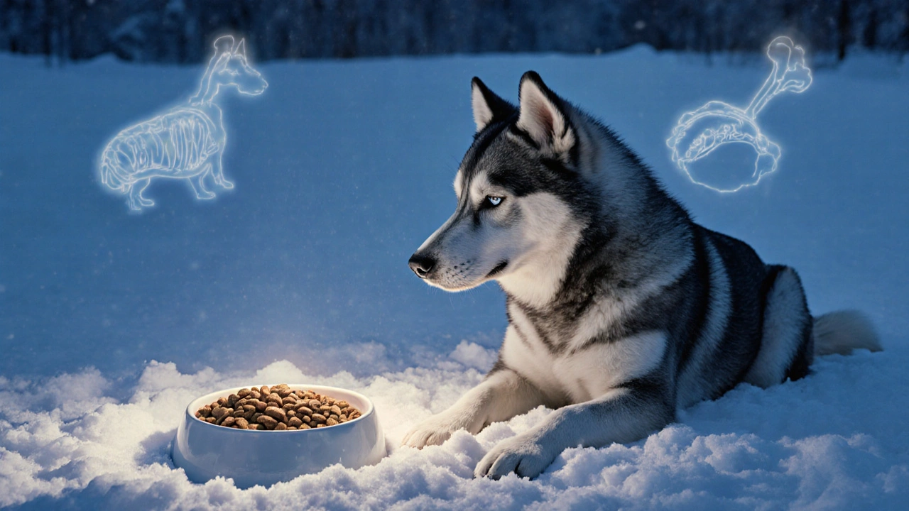Сибирская собака смотрит на одну миску с сухим кормом, тени еды исчезают в снегу.