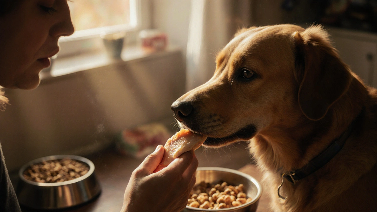 Собака берет кусочек курицы из руки хозяина, их взгляды встречаются в тёплом свете.