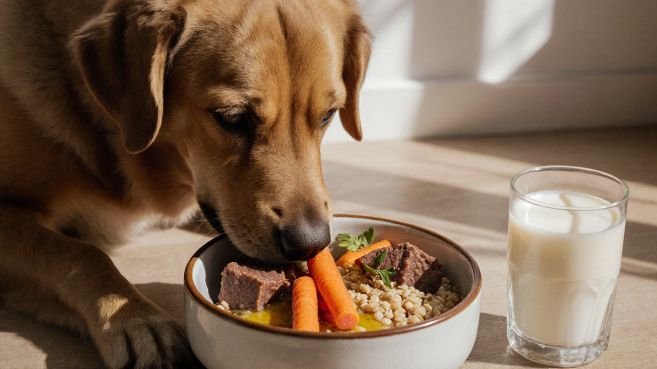 Собака ест домашний корм из говядины, моркови и гречки в керамической миске.