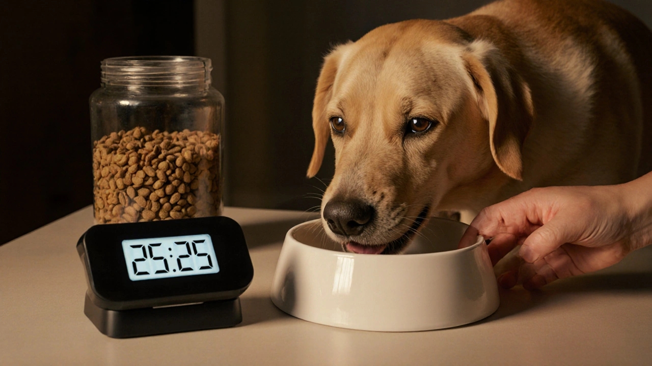Собака ест из чистой миски вечером, рядом — герметичный контейнер и таймер, хозяин убирает миску.