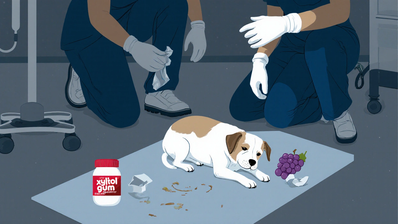 Собака лежит в ветклинике рядом с разлитой жевательной резинкой и виноградом, ветеринары рядом.