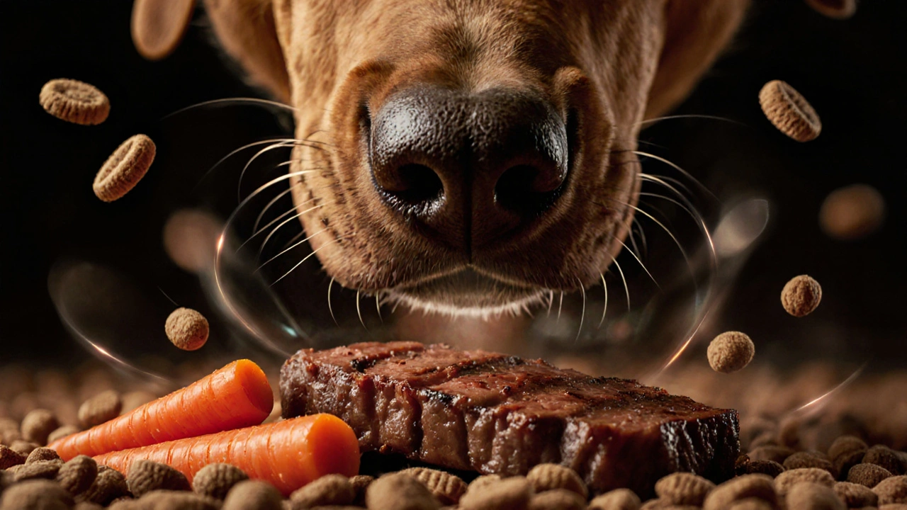 Собака обнюхивает аромат говядины и моркови, визуализированные как световые следы.