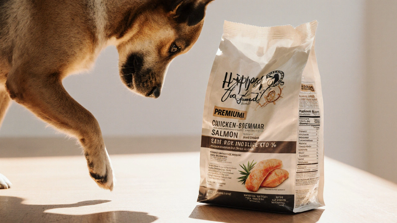 Собака отталкивает упаковку с маркетинговыми надписями, в стороне — корм с чистым составом и четкими показателями белка.