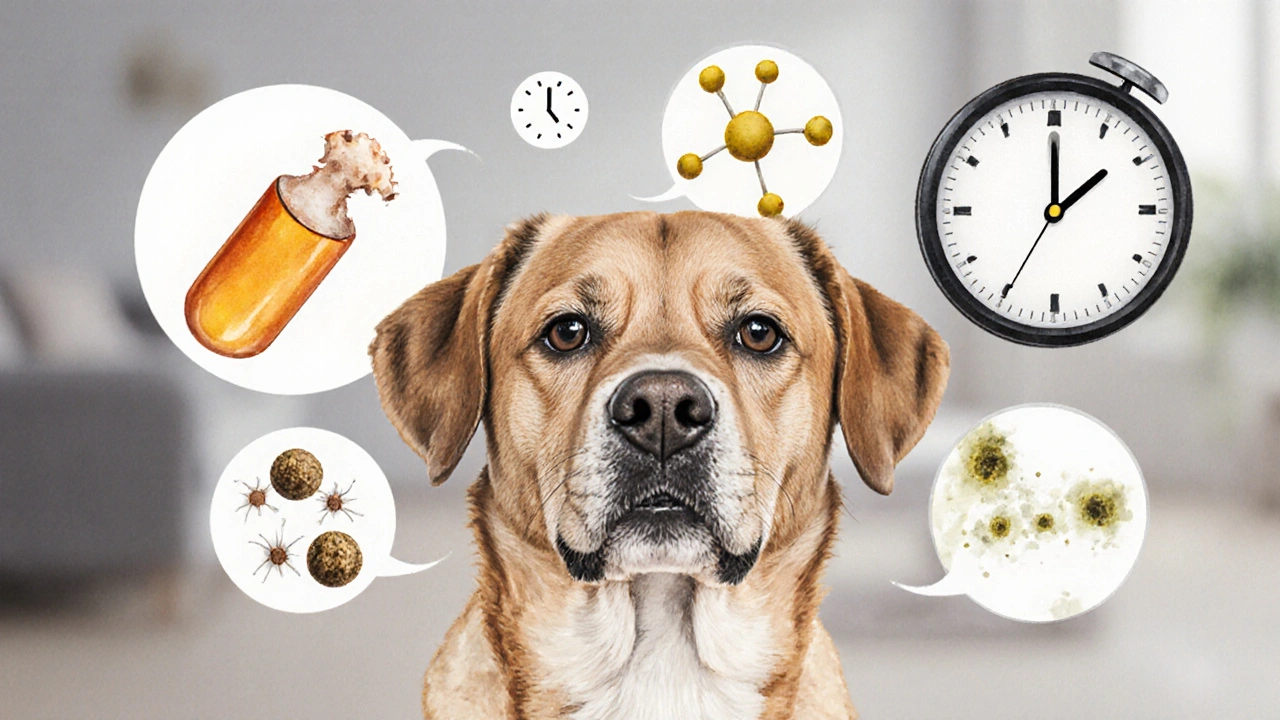 Собака с грустным взглядом, вокруг нее — символы вреда от старого корма: разрушающиеся витамины и плесень.