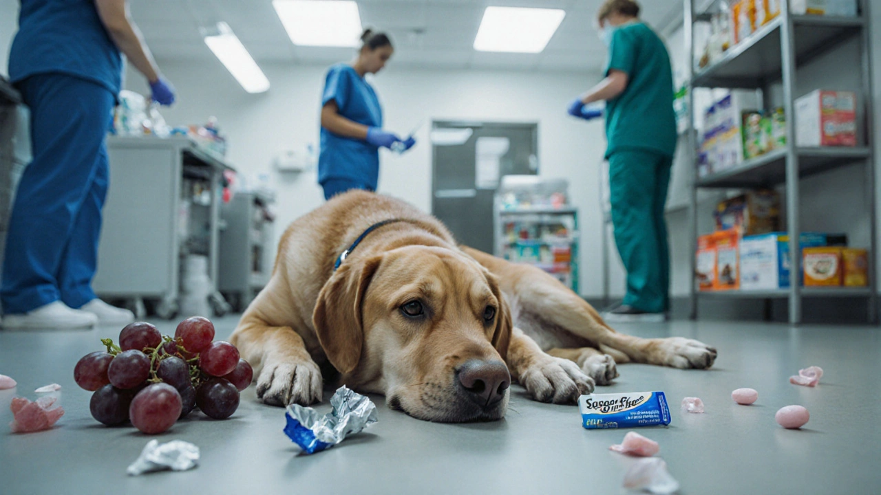 Собака слабо лежит в ветклинике рядом с виноградом и жевательной резинкой без сахара.
