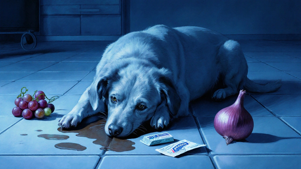 Собака слабо лежит в ветклинике, рядом — виноград и упаковка подсластителя.