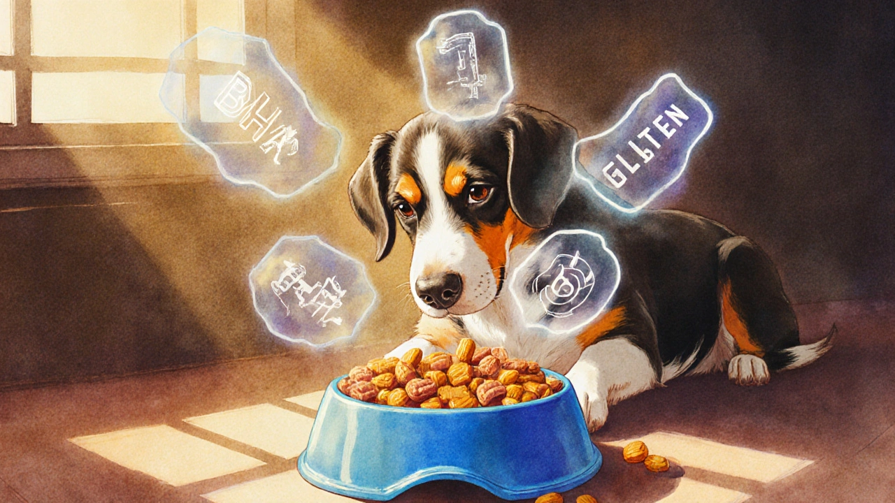 Собака смотрит на яркий корм, вокруг которого витают прозрачные токсичные примеси, создавая ощущение опасности.