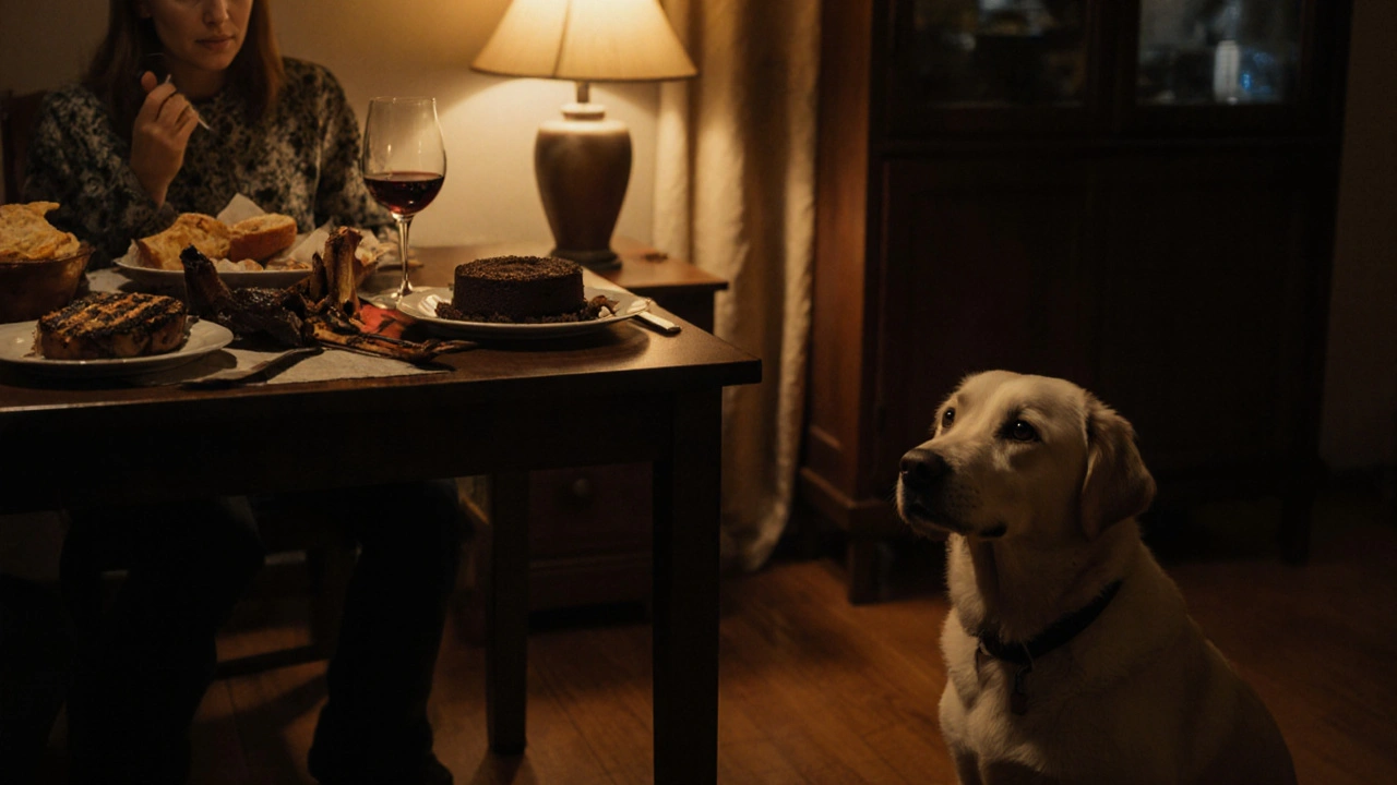 Собака смотрит на семью за ужином, на столе — запрещённые продукты: кости, шоколад, вино.